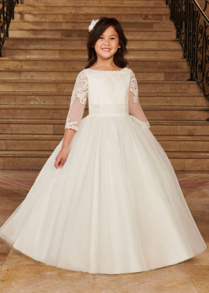 Boat Neck Ivory Lace Glitter Tulle Corset Back Flower Girl Dress